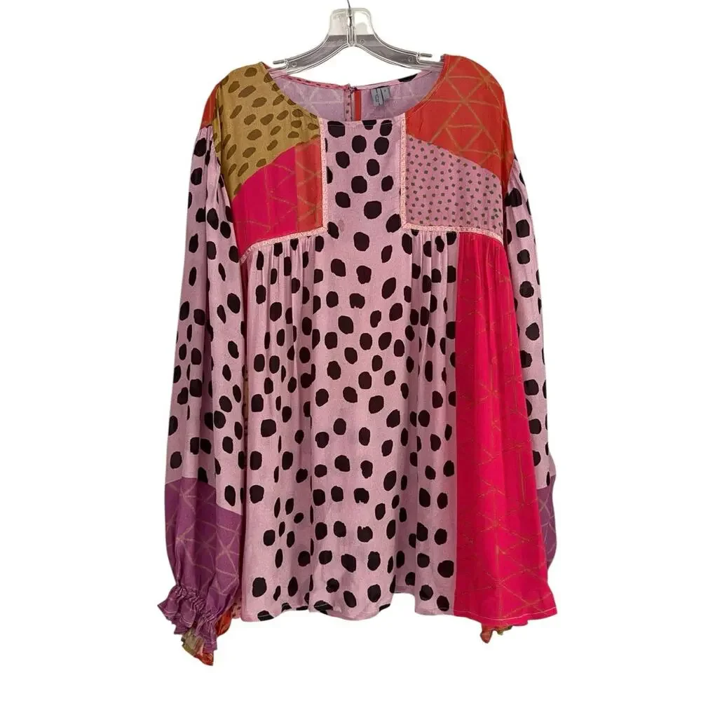 Anthropologie BL^nk Miranda Patchwork Peasant Blouse 3X Boho Mixed Print Top - Picture 2 of 10